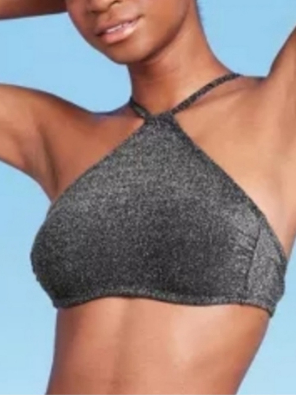 Wild Fable XXS Sparkle Halter Bikini Top Metallic Charcoal Black